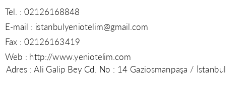 Yeni Hotel Gaziosmanpaa telefon numaralar, faks, e-mail, posta adresi ve iletiim bilgileri